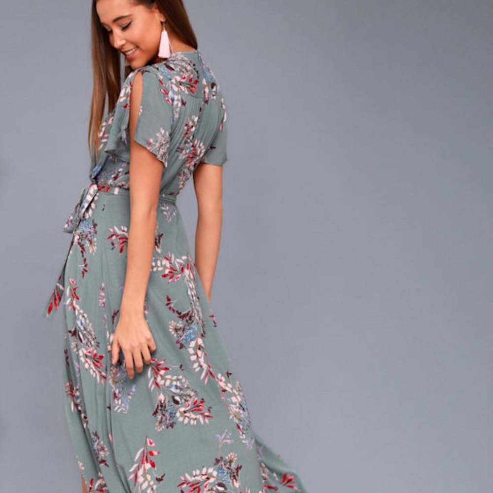 Lulus Fiorire Slate Blue Floral Print Wrap Maxi Dress - Size Small